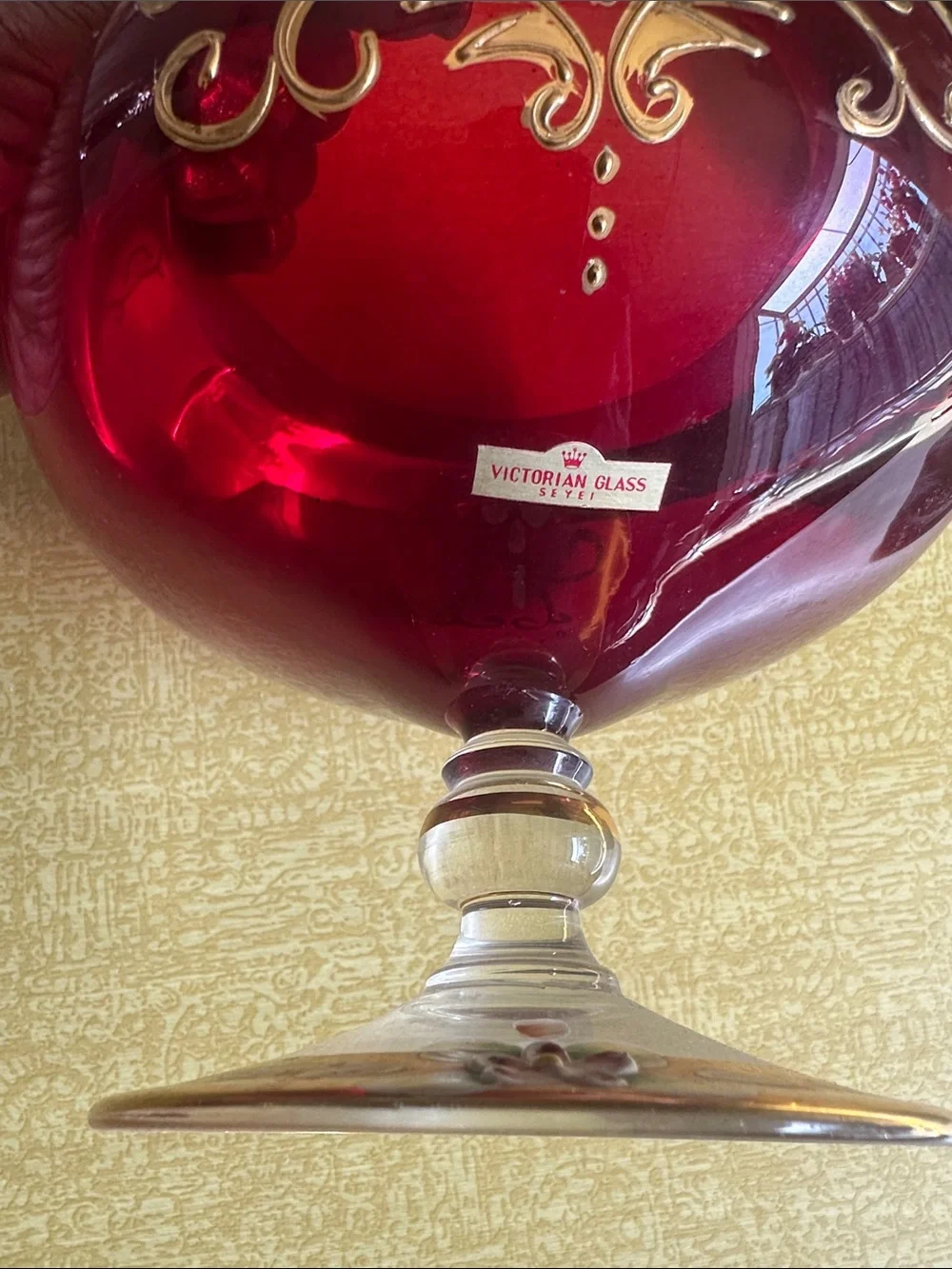 Hand-Painted Ruby Red and Gold Glass Candy Dish with Lid